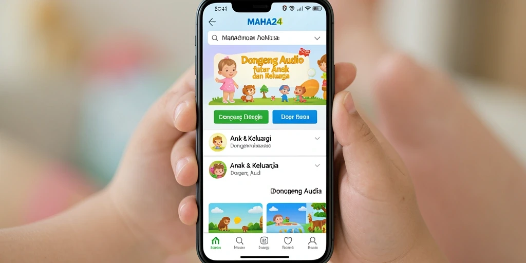 Antarmuka sederhana dan menarik dari aplikasi Dongeng Audio MAHA24.