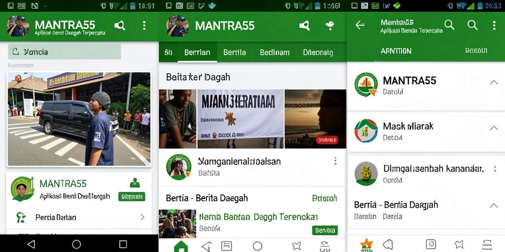 Antarmuka pengguna aplikasi MANTRA55 yang menampilkan berita daerah terkini.